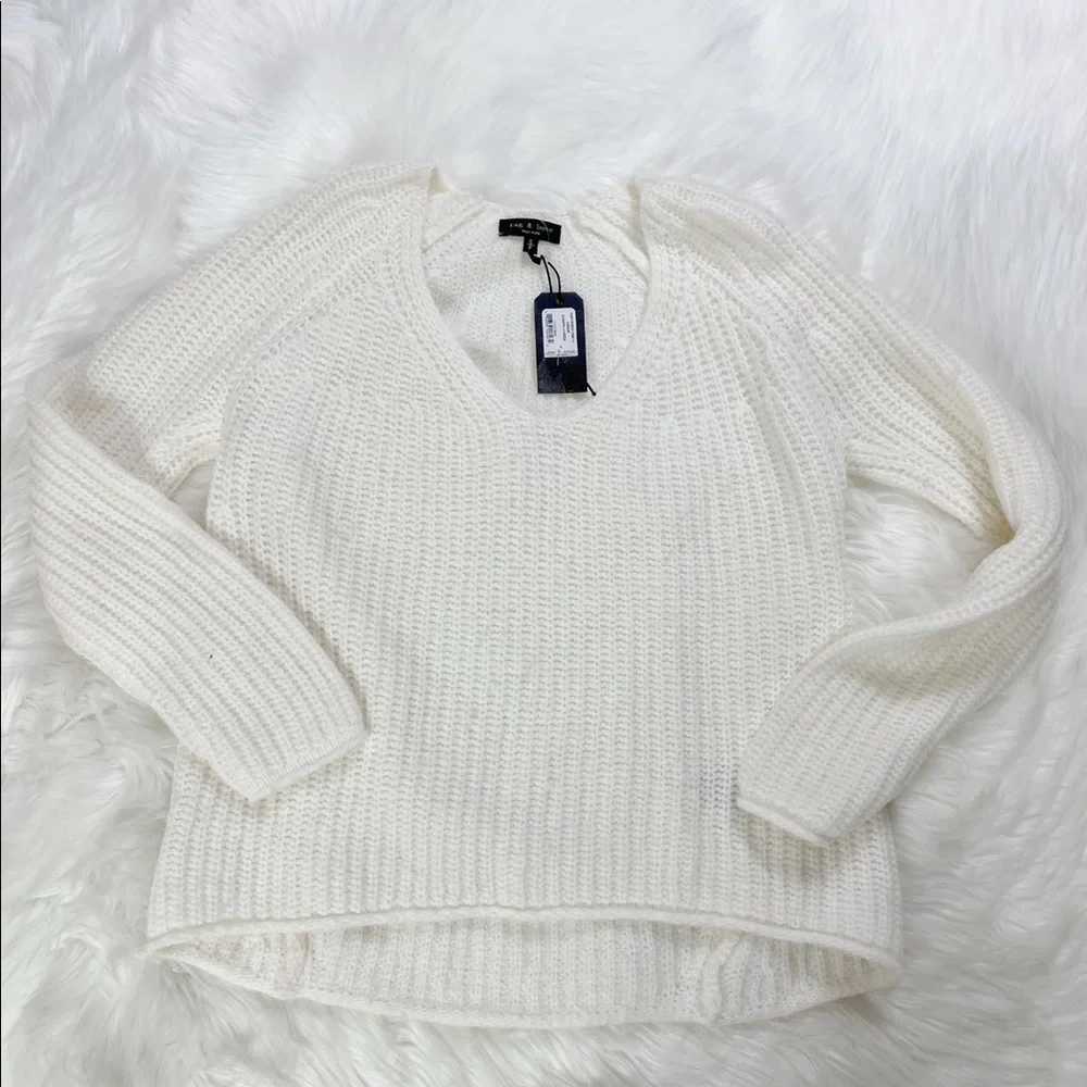 RAG & BONE Joseph Wool Blend V Neck White Sweater - Picture 7 of 7